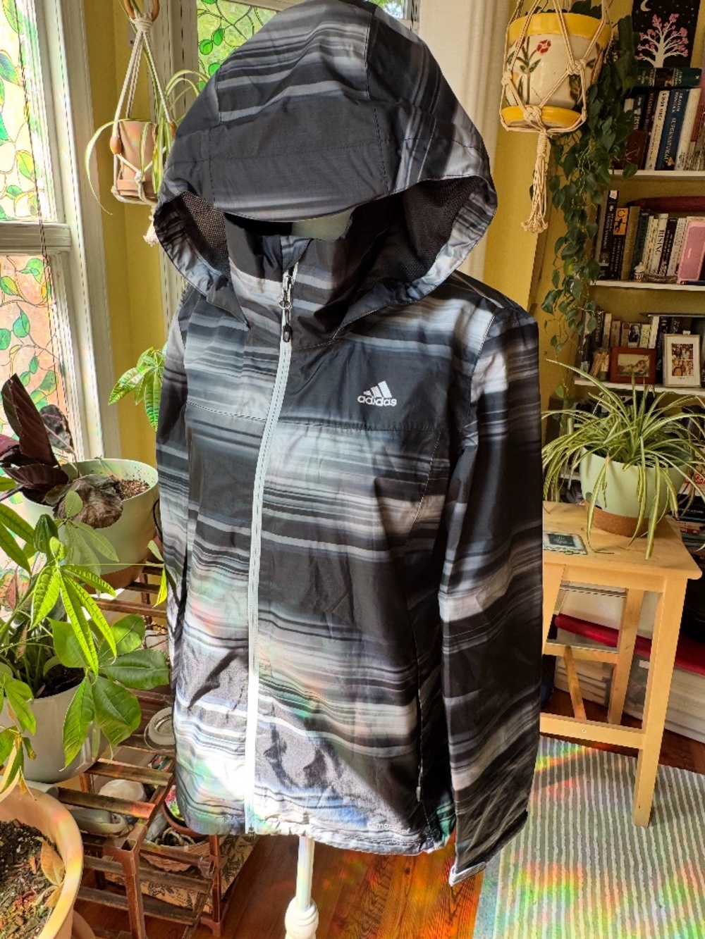 Adidas ClimaProof Hooded Rain Jacket Black Gray Print Women's Small